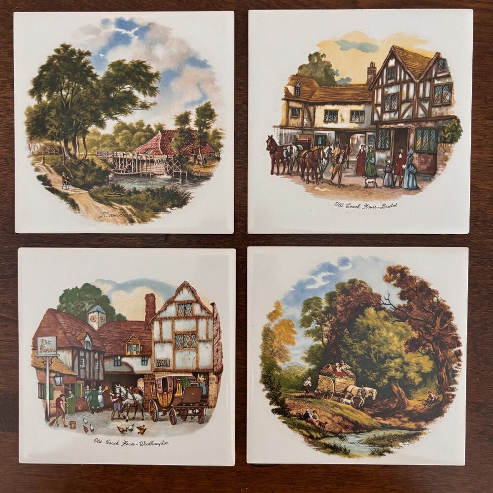 Set of 4 H&R Johnson Cristal Decorative Accent Tiles Antique Old English Scenes